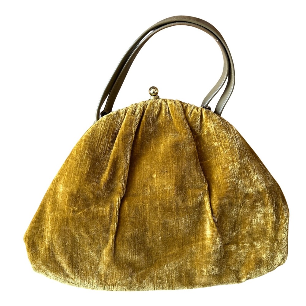 Vintage Jana Mustard Yellow Velvet Kiss Lock Frame Handbag Gold Tone Hardware